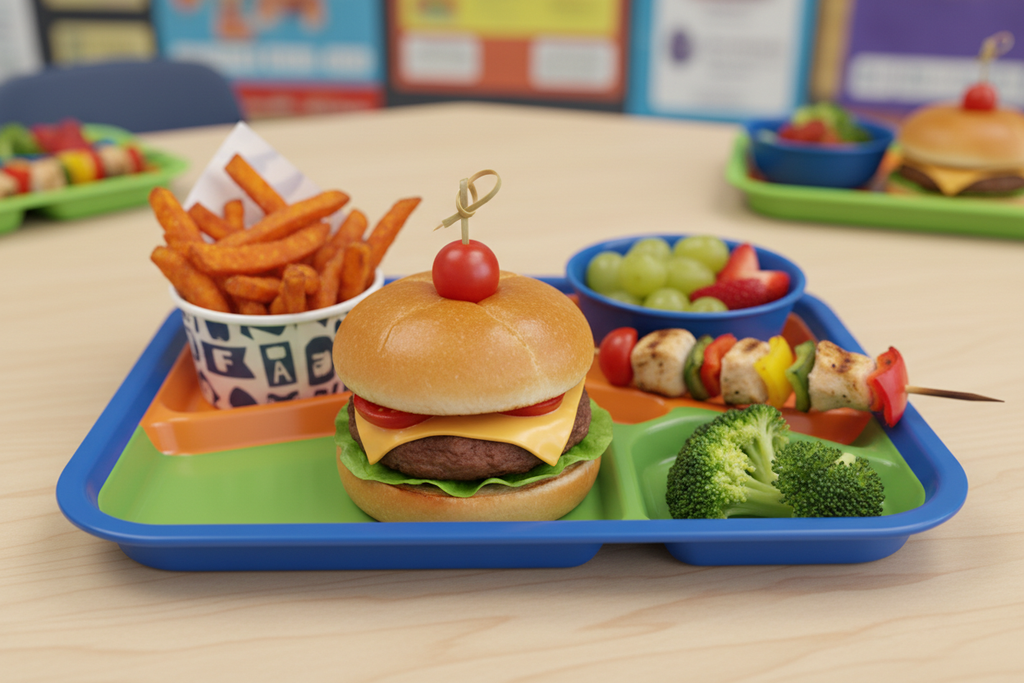 kids school meal that has small burger, chicken skewers, and french fries