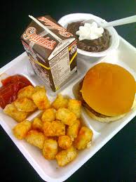 School Meal Burger, Skewers, Fries